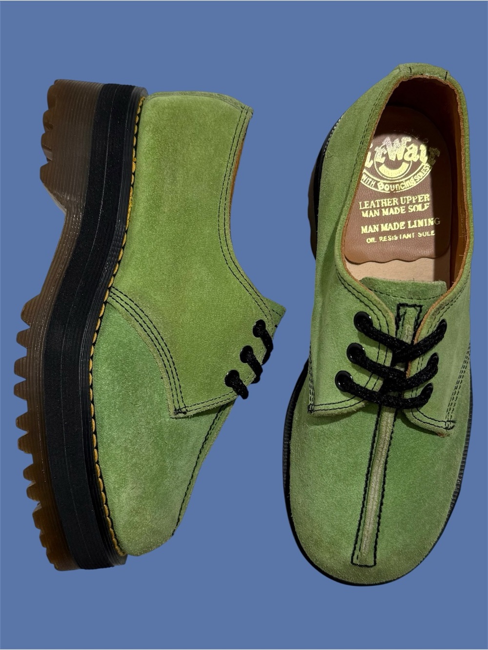 Vintage Dr. Martens England Crazy Bomb Green Suede Platform Oxfords UK 4